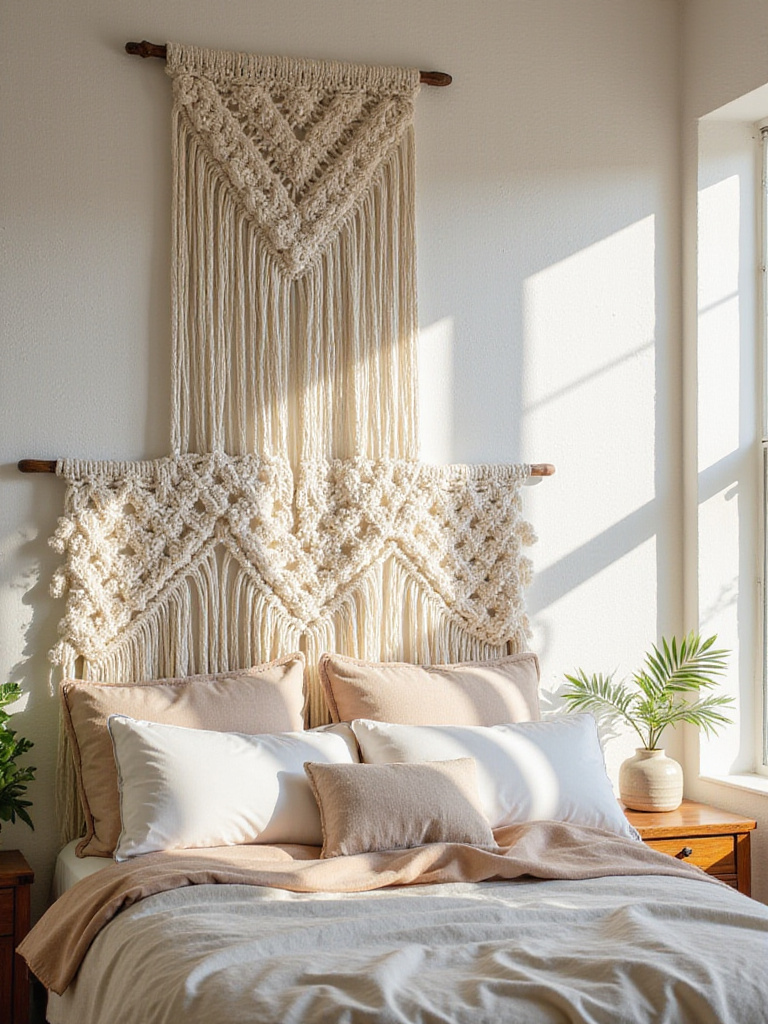 Boho bedroom featuring a macrame statement headboard.
