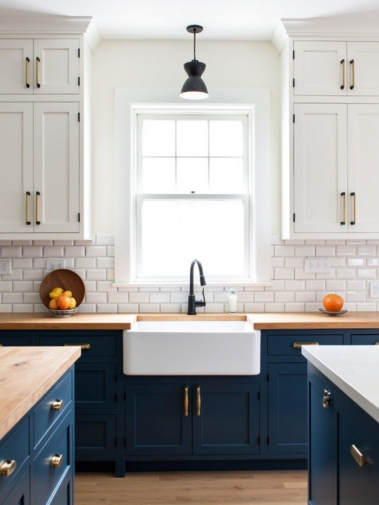 Modern farmhouse kitchen with navy blue and white two-tone cabinets