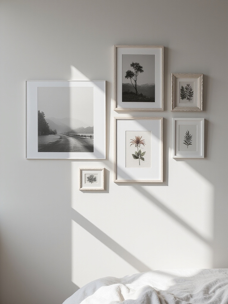 Bedroom gallery wall featuring a curated collection of art and photography.