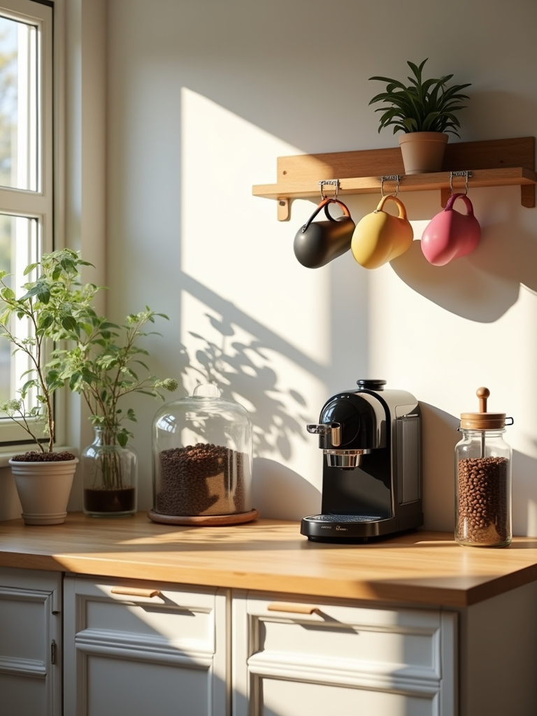 Cozy apartment kitchen coffee station with espresso machine, mugs, and coffee beans.