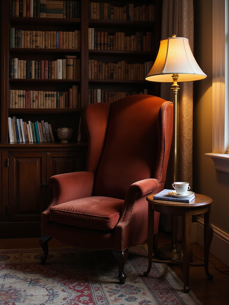 Cozy vintage bedroom reading nook with armchair and floor lamp
