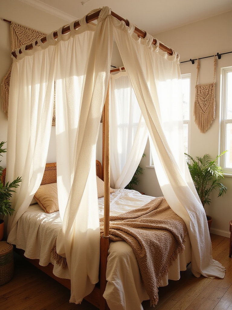 Boho bedroom with a canopy bed and sheer white curtains
