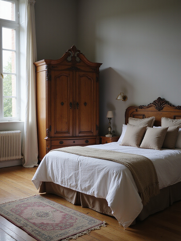 Vintage armoire as a focal point in a bedroom.