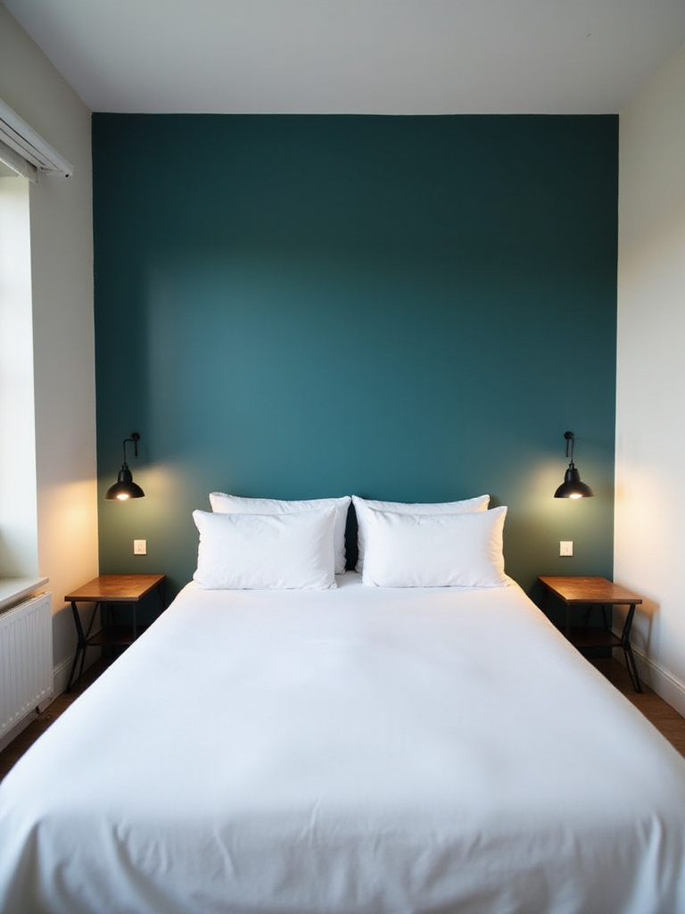 Small bedroom with a teal accent wall behind the bed.
