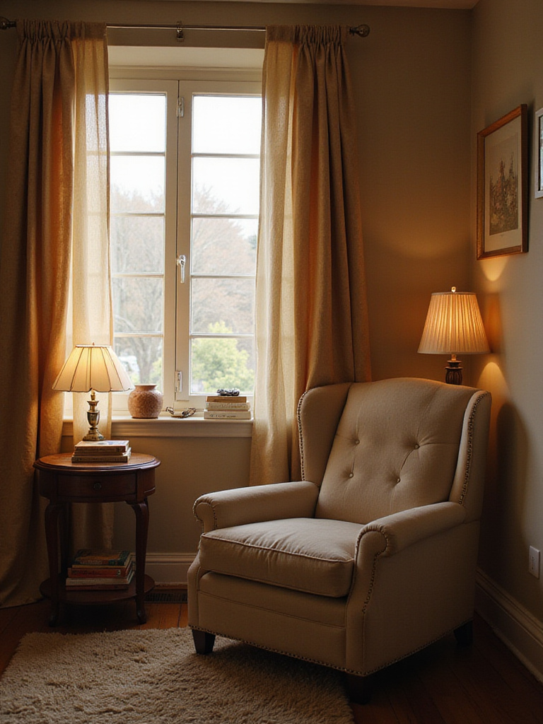 Cozy bedroom reading nook with armchair, books, and soft lighting.