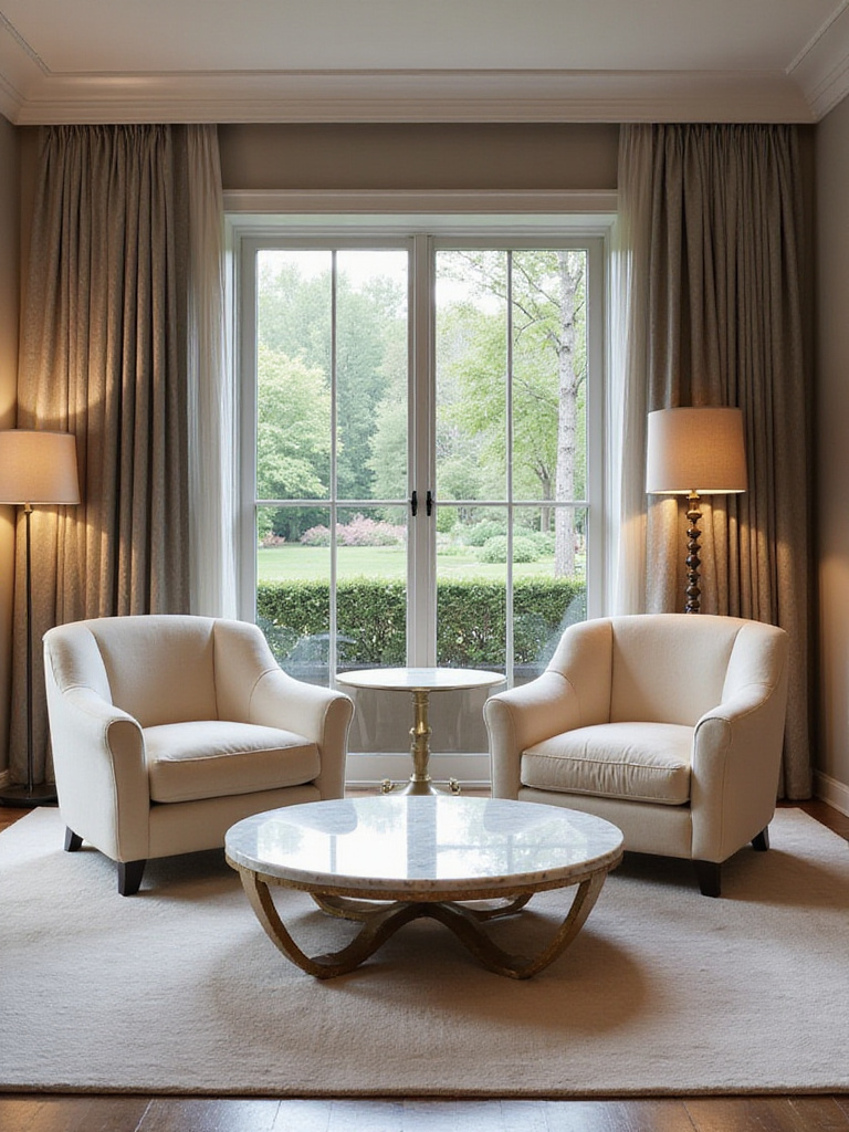 Luxurious bedroom with a chic seating area featuring cream velvet armchairs and a marble coffee table.