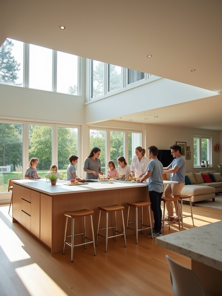 Open plan kitchen with island and family socializing