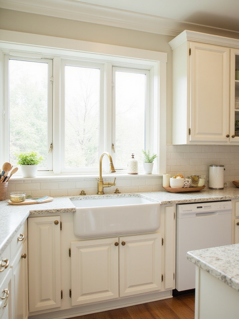 Kitchen with crisp off-white cabinets, light granite countertops, and brass hardware.