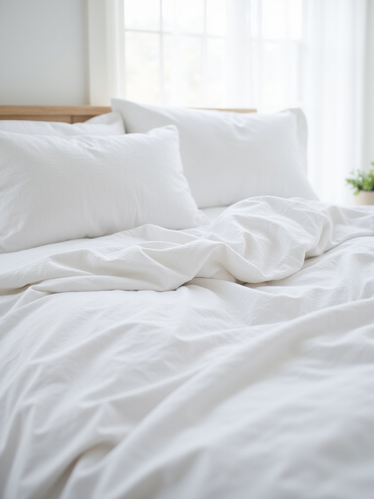 White linen bedding on a bed in a serene white bedroom.