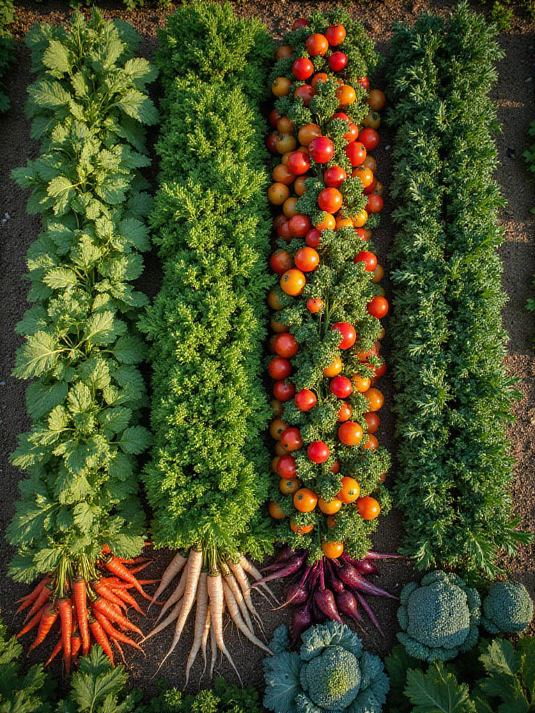 Vegetable garden showcasing a four-year crop rotation cycle with legumes, heavy feeders, root vegetables, and leafy greens.