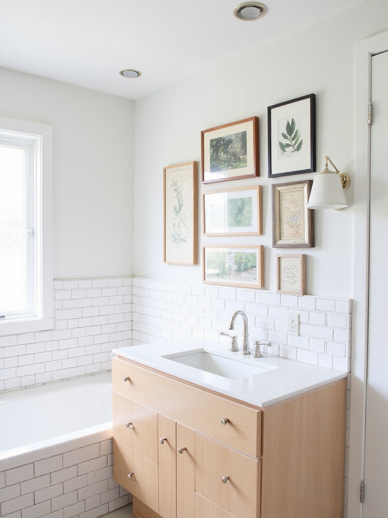 Bathroom gallery wall featuring a curated collection of small framed prints above a modern vanity.