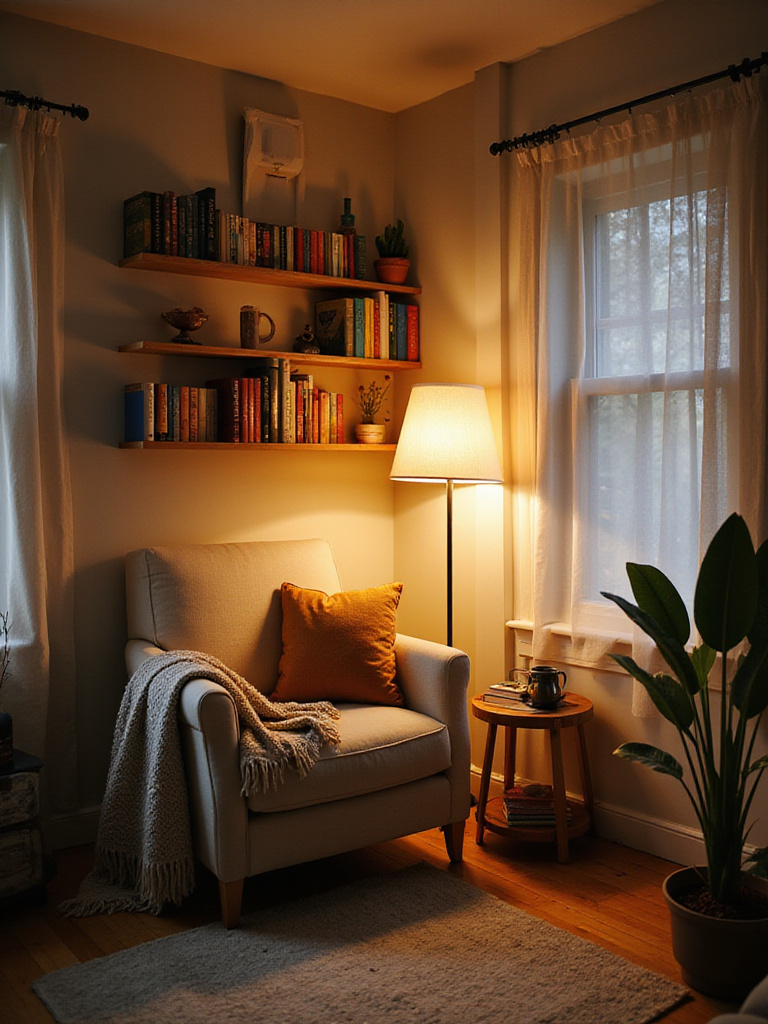 Cozy reading nook with armchair, lamp, and bookshelf in apartment living room
