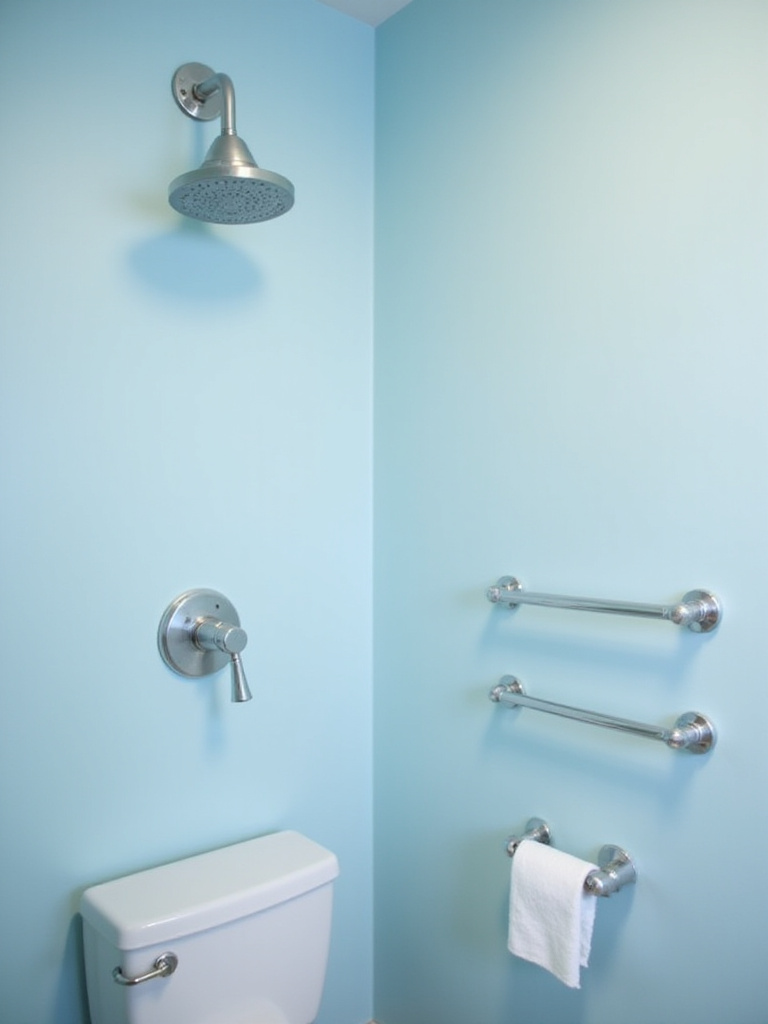 Bathroom featuring DIY updates: new showerhead, faucet, towel bars, and fresh paint.