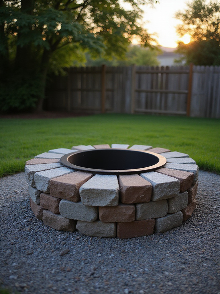 DIY paver firepit on gravel patio at dusk