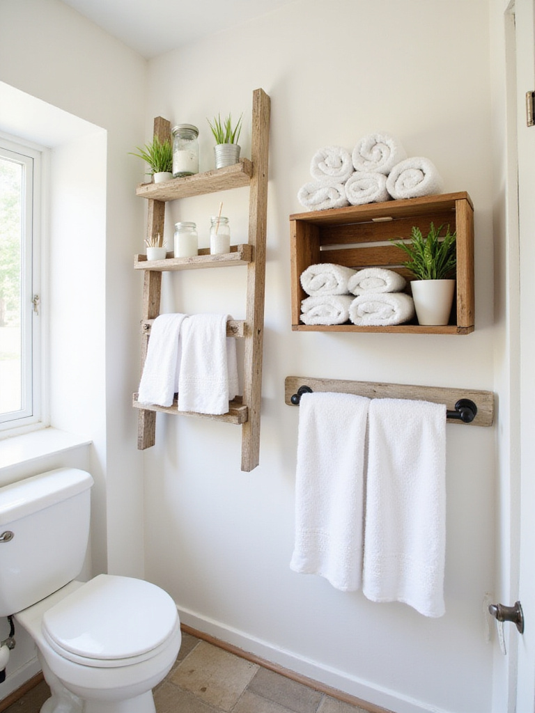 DIY bathroom storage solutions using repurposed crates, mason jars, and a wooden ladder.