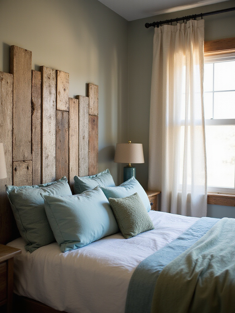 Vintage bedroom with a DIY headboard made from reclaimed wood planks.