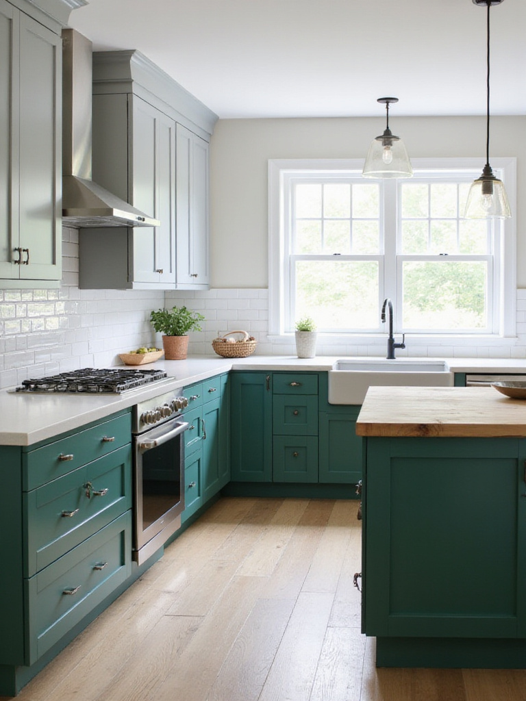 Emerald green and light gray kitchen cabinets with white countertops and stainless steel appliances.