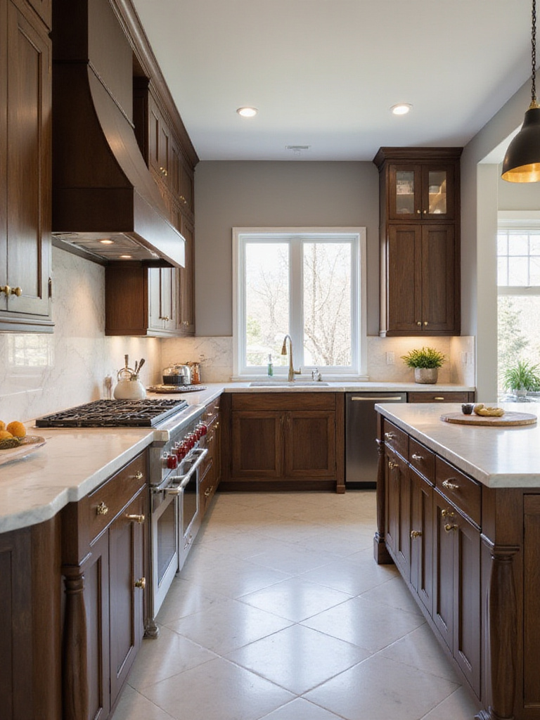 Luxury kitchen with dark walnut cabinets, white marble countertops, and brushed brass hardware.