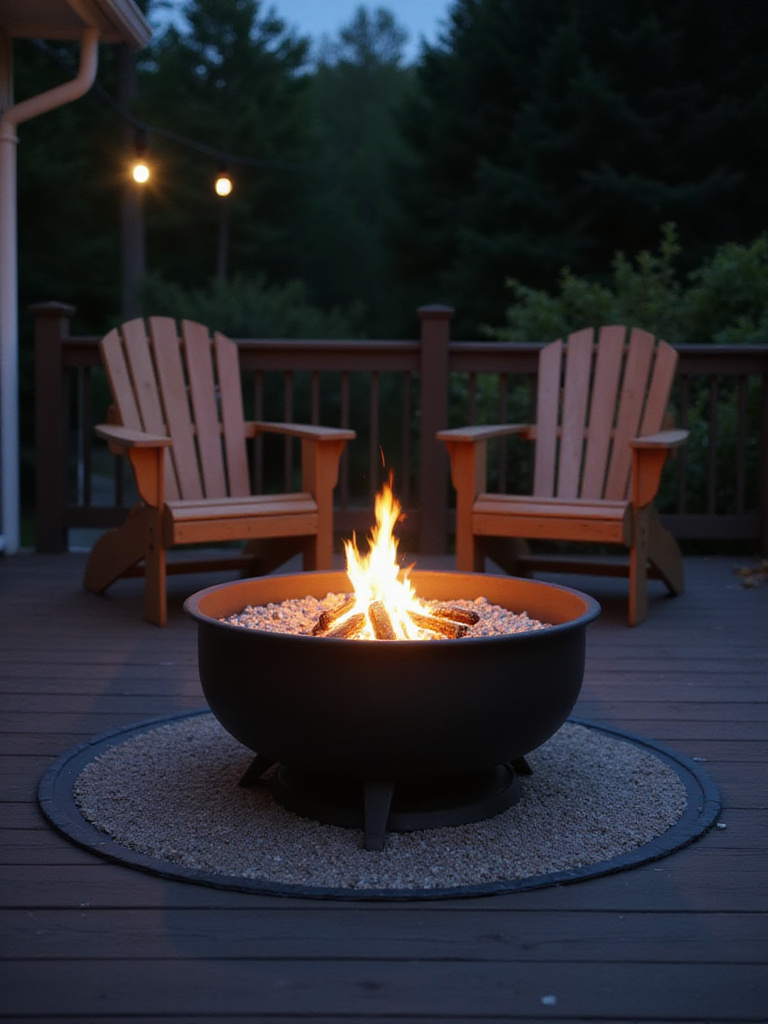 Propane fire pit on a composite deck with fire-resistant mat and Adirondack chairs.
