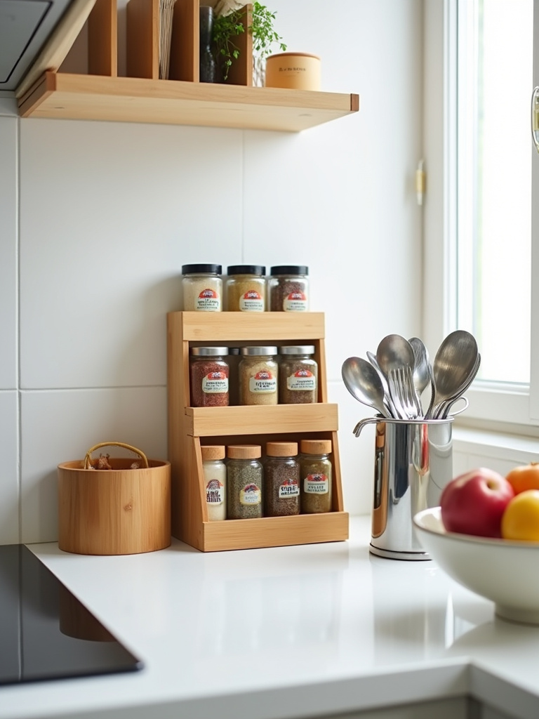 Decluttered apartment kitchen countertop with stylish spice rack, utensil holder, cutting board organizer, and fruit bowl.