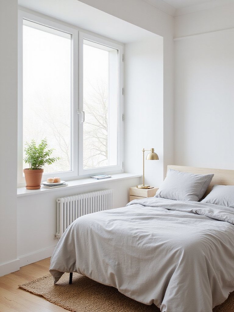 Minimalist bedroom with white walls and light grey bedding, creating a serene and uncluttered space.