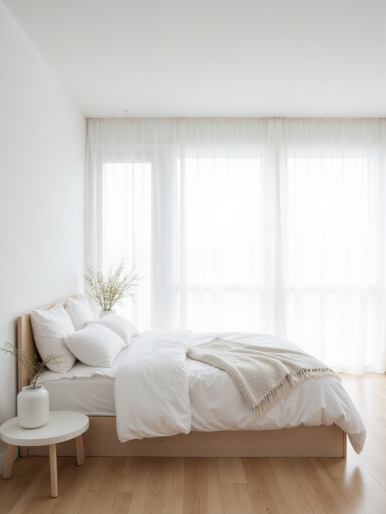 Minimalist white bedroom with platform bed, white linens, and natural light, showcasing a serene and uncluttered space.