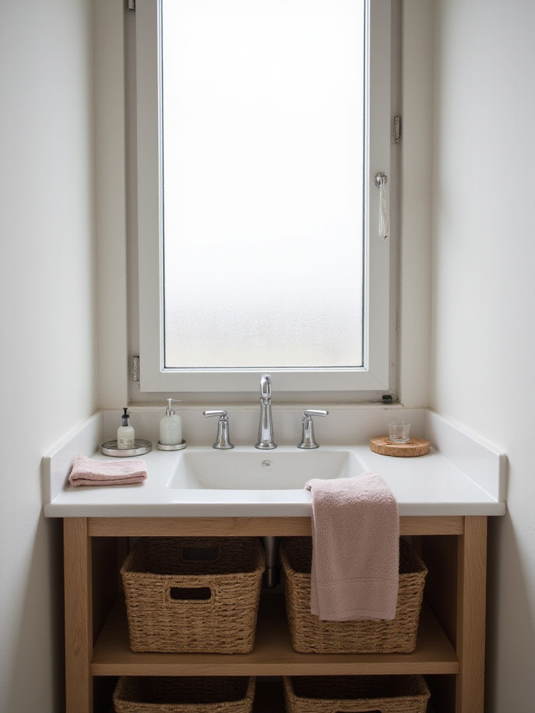 Clean and uncluttered small bathroom countertop with minimal items, showcasing effective decluttering for a spacious feel.