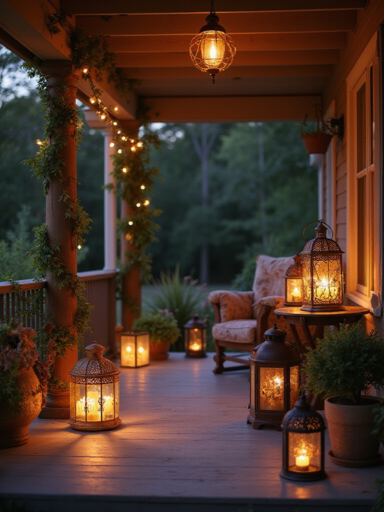 Porch with decorative lanterns creating a warm and inviting ambiance