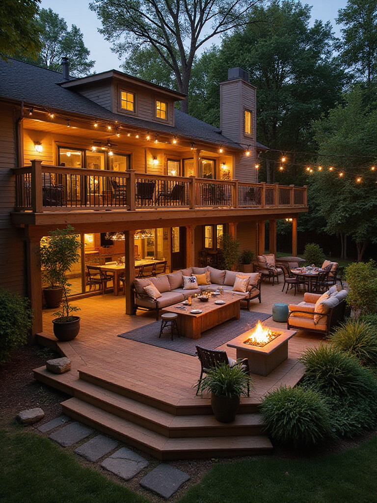 Multi-level deck designed for dining and lounging with outdoor furniture and fire pit.