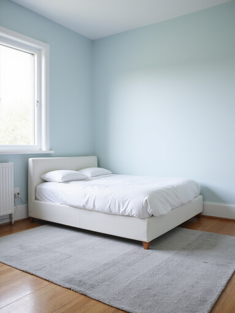 Small bedroom with light gray rug partially under the bed, defining the sleeping zone and visually expanding the space.