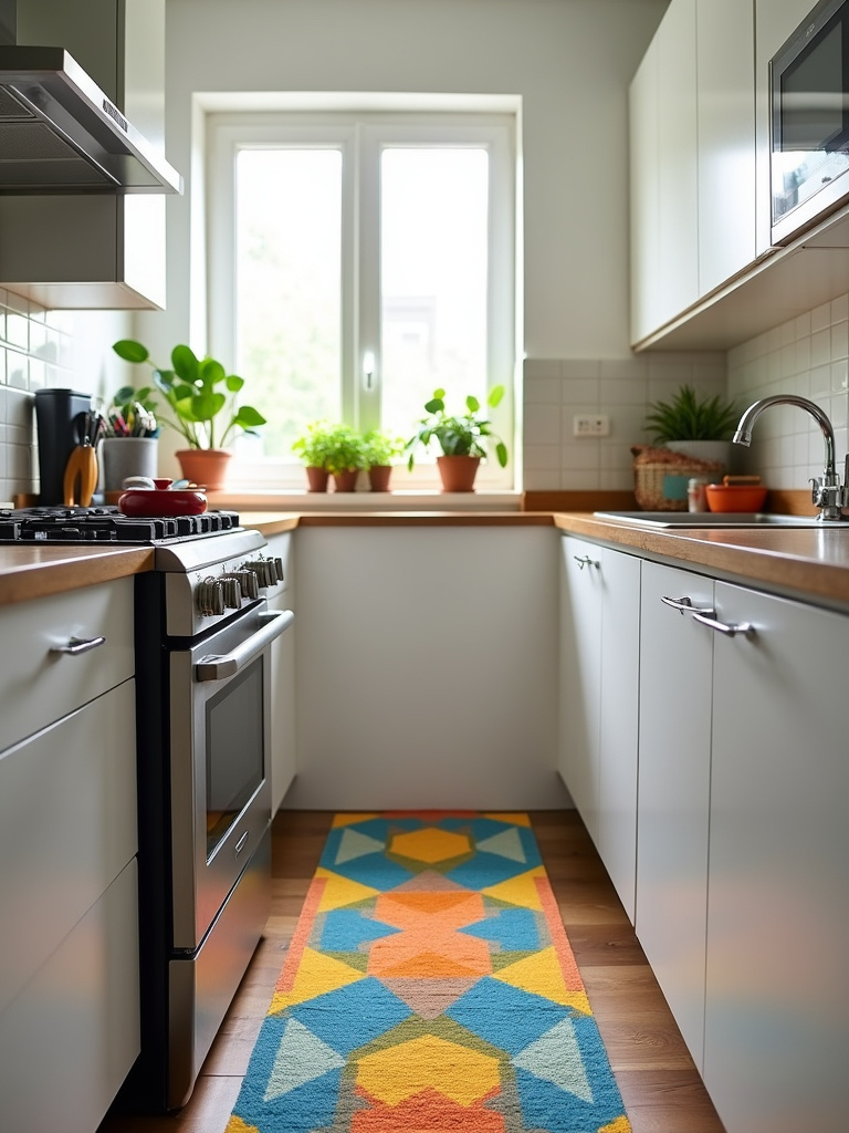 Vibrant kitchen rug defining the cooking zone in a small apartment kitchen.