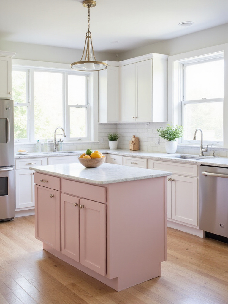 Dusty rose kitchen island in a bright, modern farmhouse kitchen.