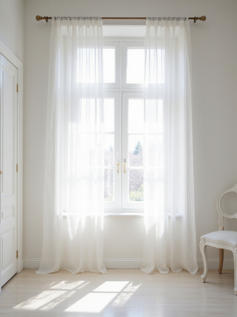 White bedroom with delicate white lace curtains filtering sunlight.