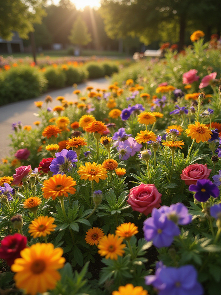 Edible flower garden overflowing with colorful blooms of nasturtiums, pansies, calendula, roses, and violets.