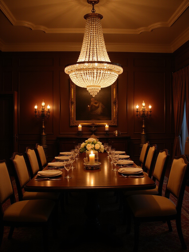 Dimmable crystal chandelier creating a warm and inviting ambiance in a dining room set for a dinner party.