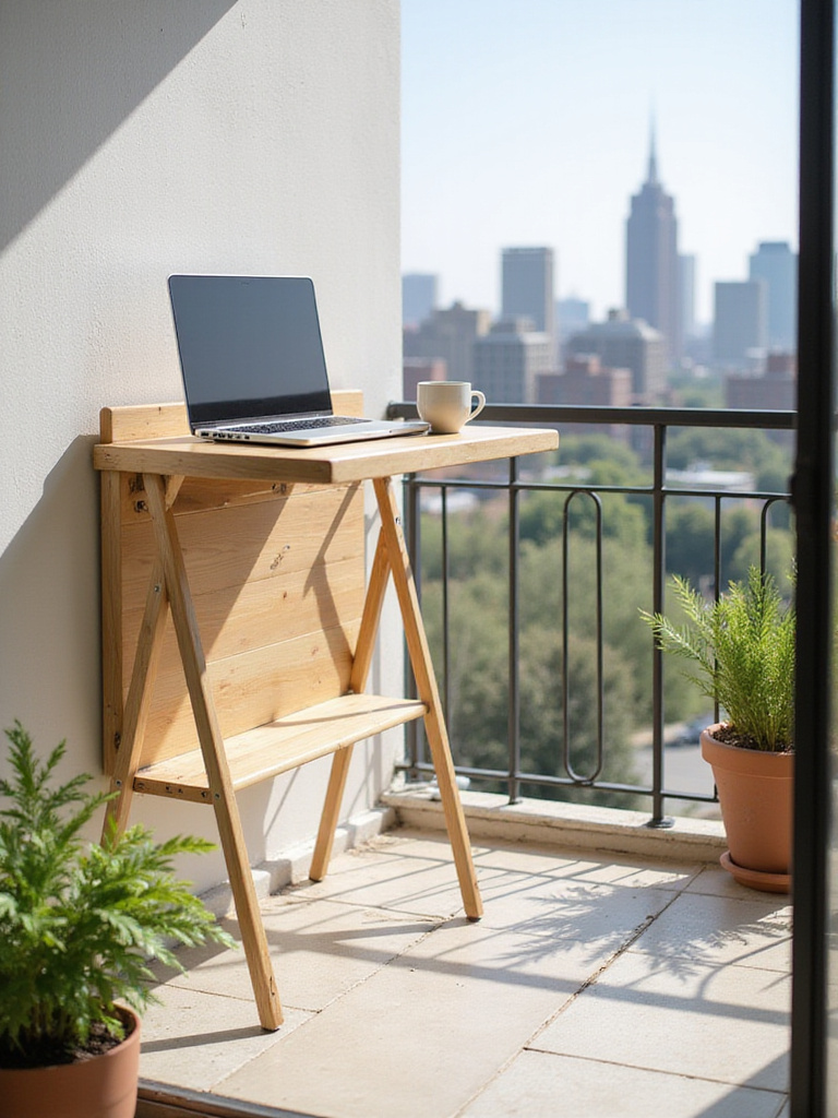 Balcony with fold-down table used as outdoor workspace
