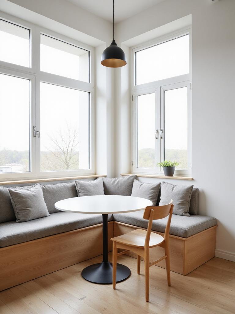 Cozy Scandinavian kitchen dining nook with banquette seating
