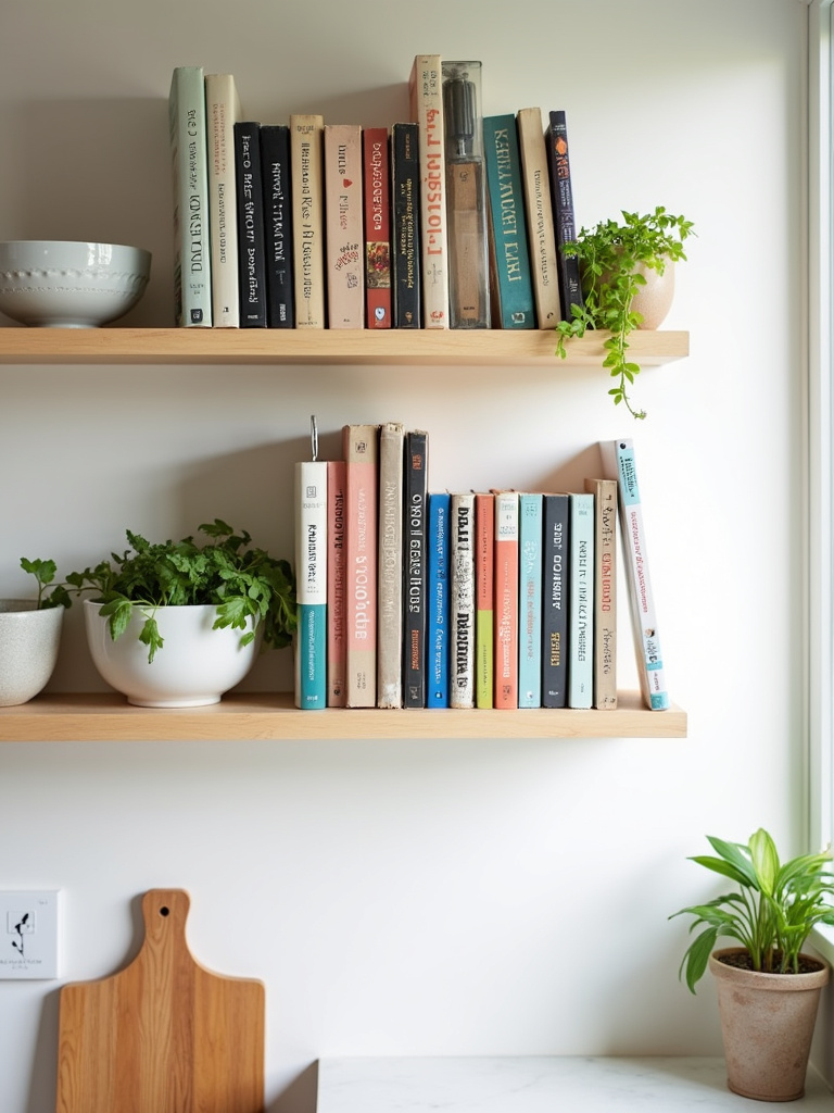 Apartment kitchen with cookbooks displayed on floating shelves as decorative accents.