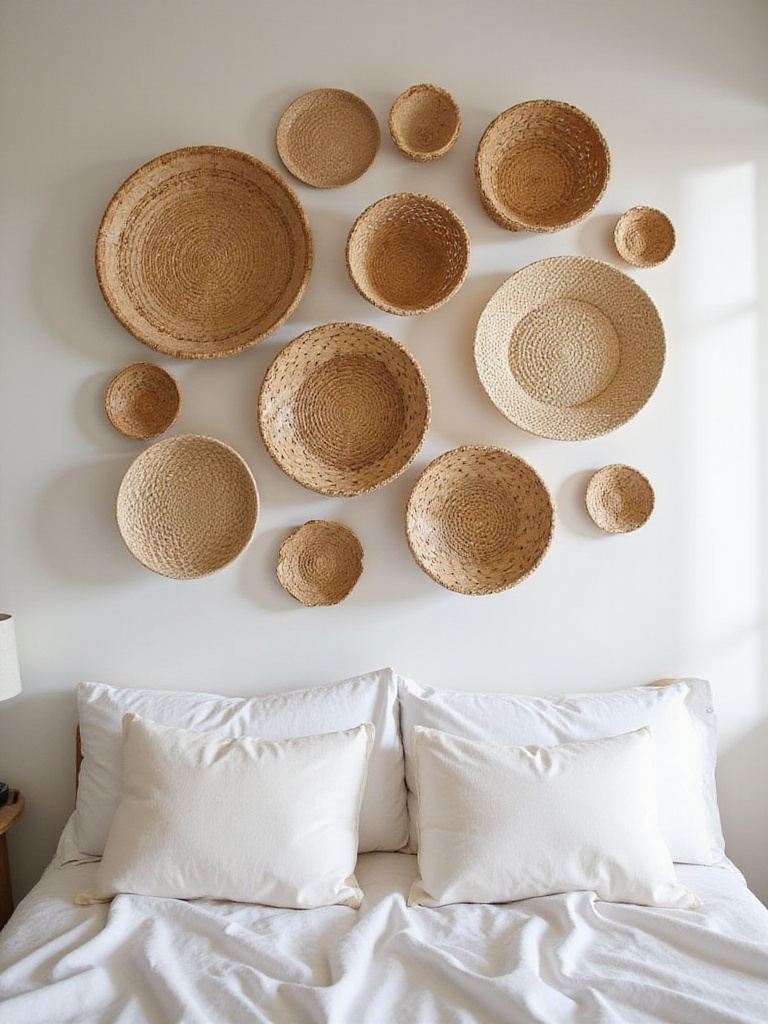 Bedroom wall decorated with a collection of woven baskets in varying sizes and textures.