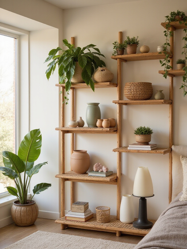 Boho bedroom with open shelving displaying plants and decorative objects