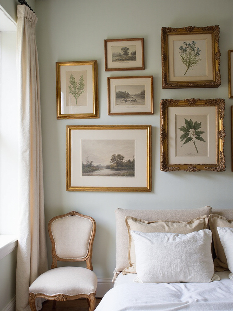 Vintage bedroom with gallery wall of framed vintage artwork and prints