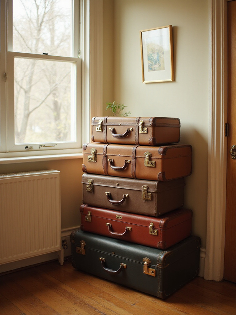 Vintage suitcases stacked as bedside table in vintage bedroom