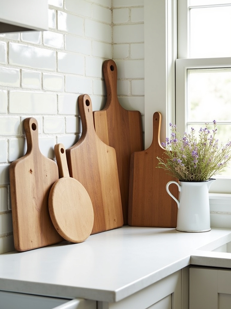 Rustic kitchen decor: Wooden cutting boards displayed as art on backsplash