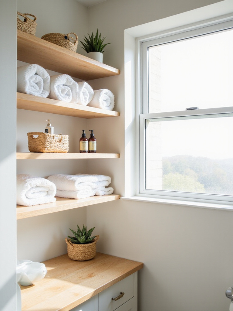 Small bathroom with light wood open shelving displaying towels, baskets, and a succulent.