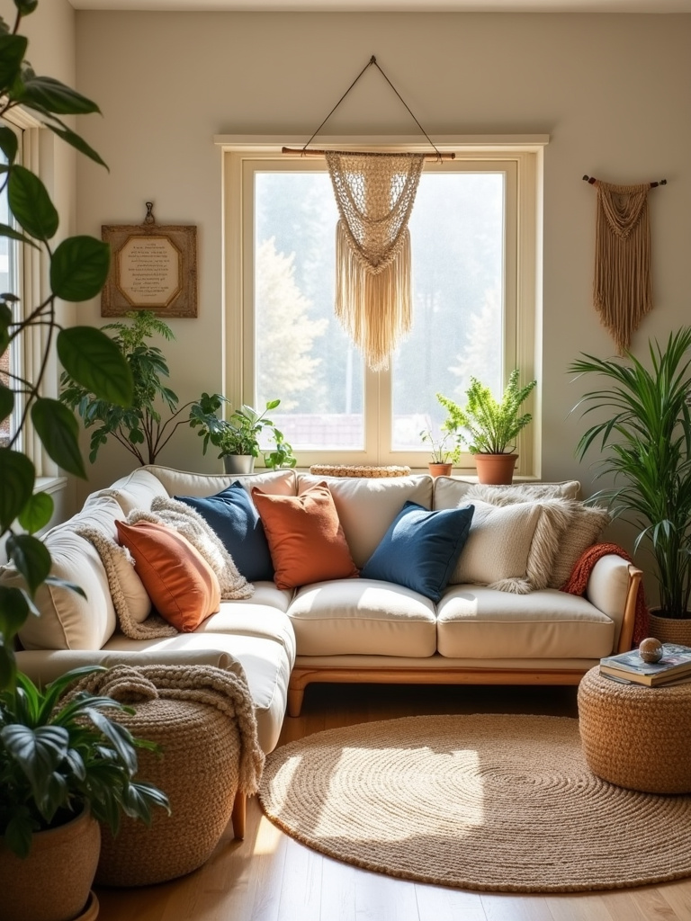 Boho living room featuring an earthy color palette with beige walls, cream sofa, rust and indigo throw pillows, and natural woven rug.