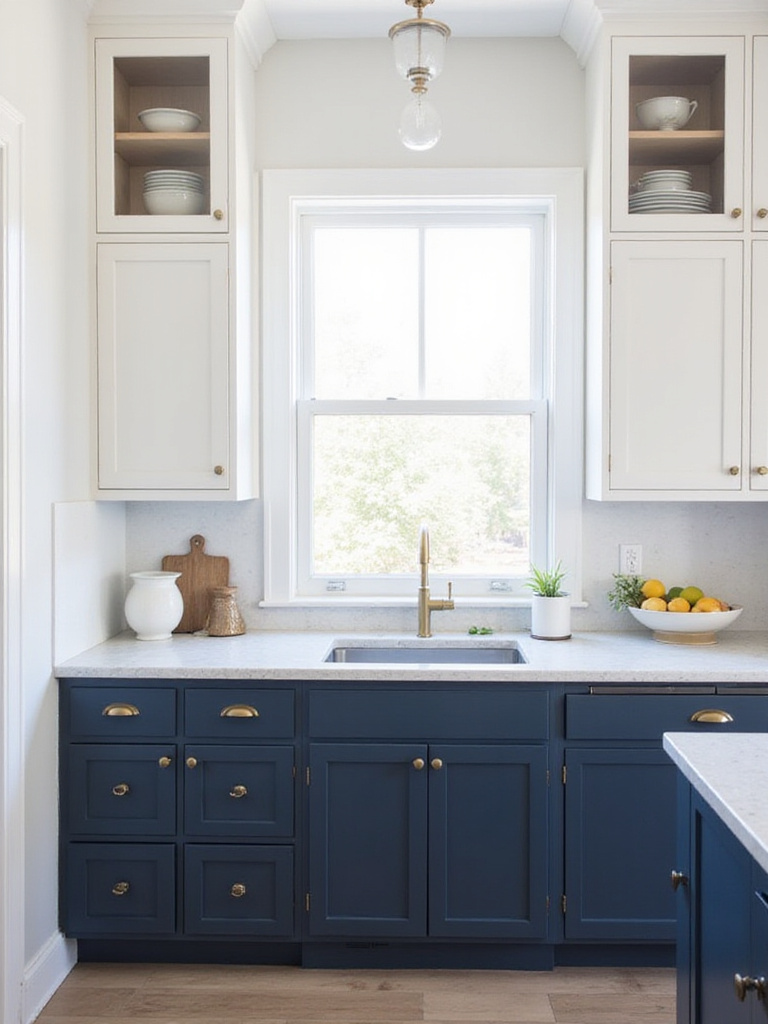 Kitchen featuring newly replaced cabinet doors with contrasting colors and glass fronts.