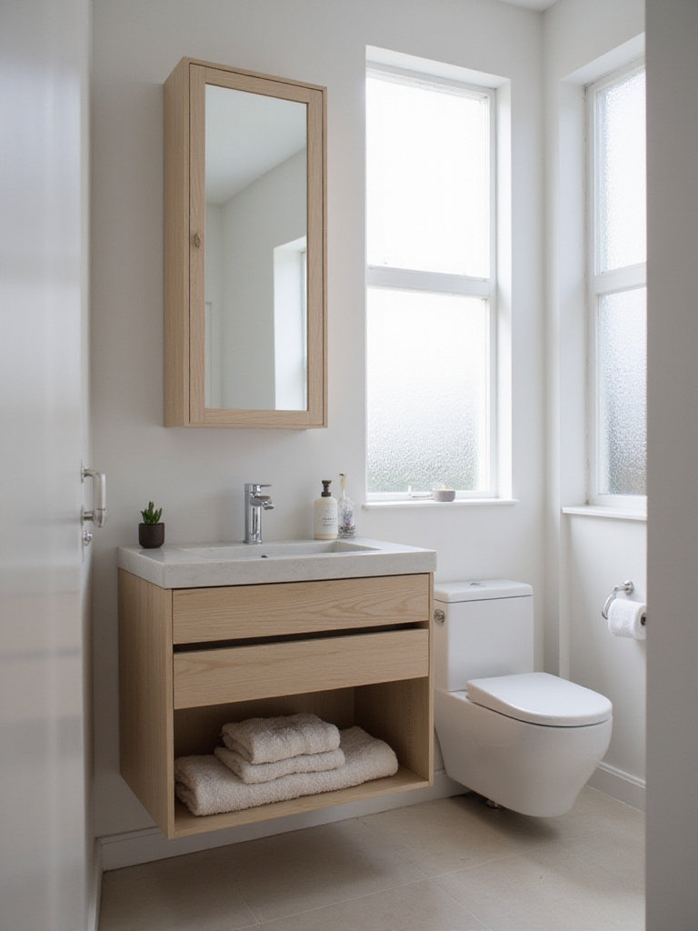 Small bathroom with floating vanity and mirrored cabinet for space-saving storage