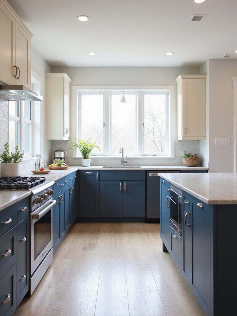Modern kitchen with light upper cabinets and dark blue lower cabinets and island.