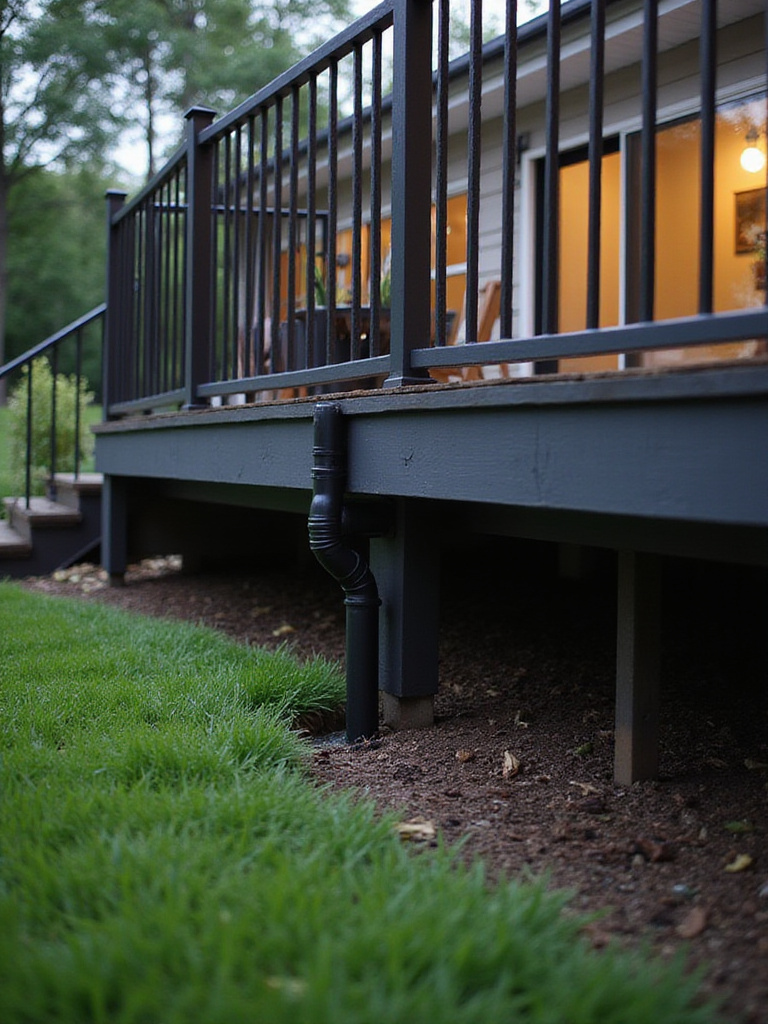 Under-deck drainage system effectively diverting water away from a composite deck and house foundation.