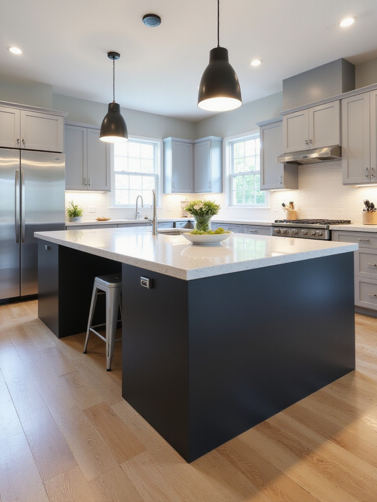 Modern kitchen with a dramatic black island and white quartz countertop